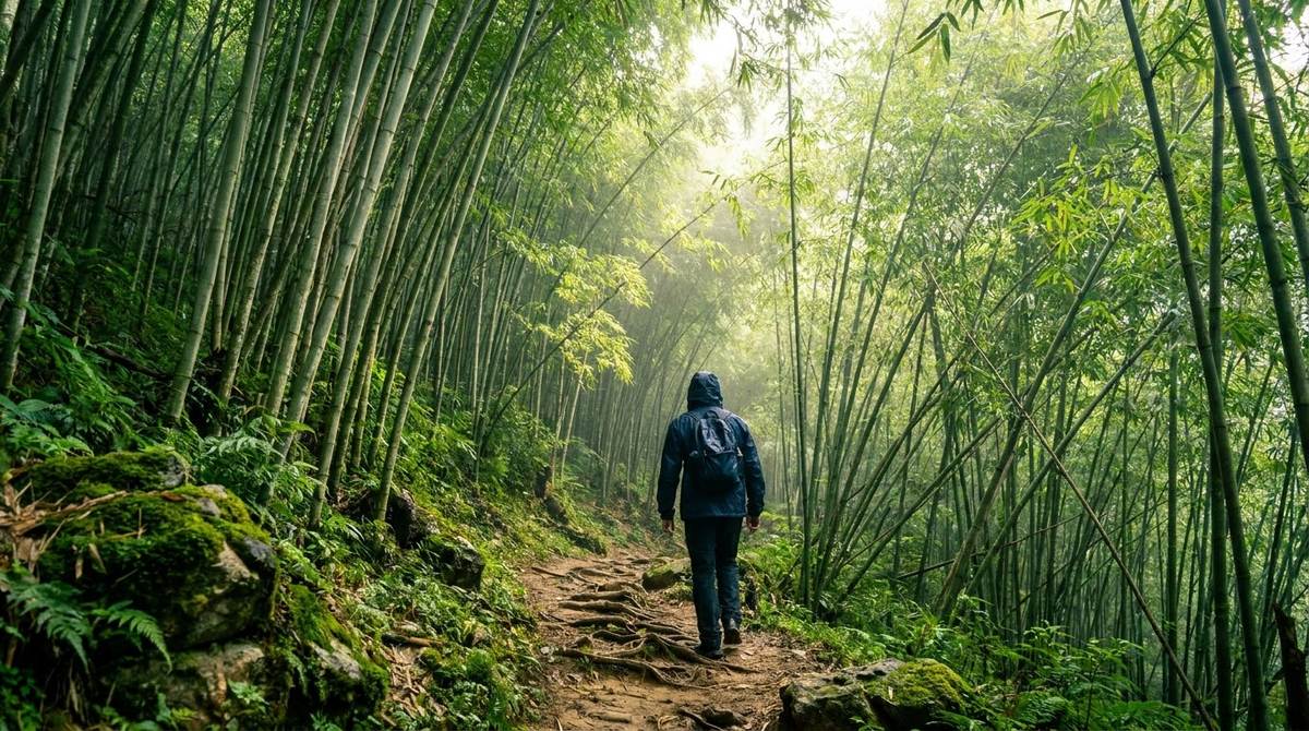 Trail through a green bamboo forest above Giang Ta Chai village