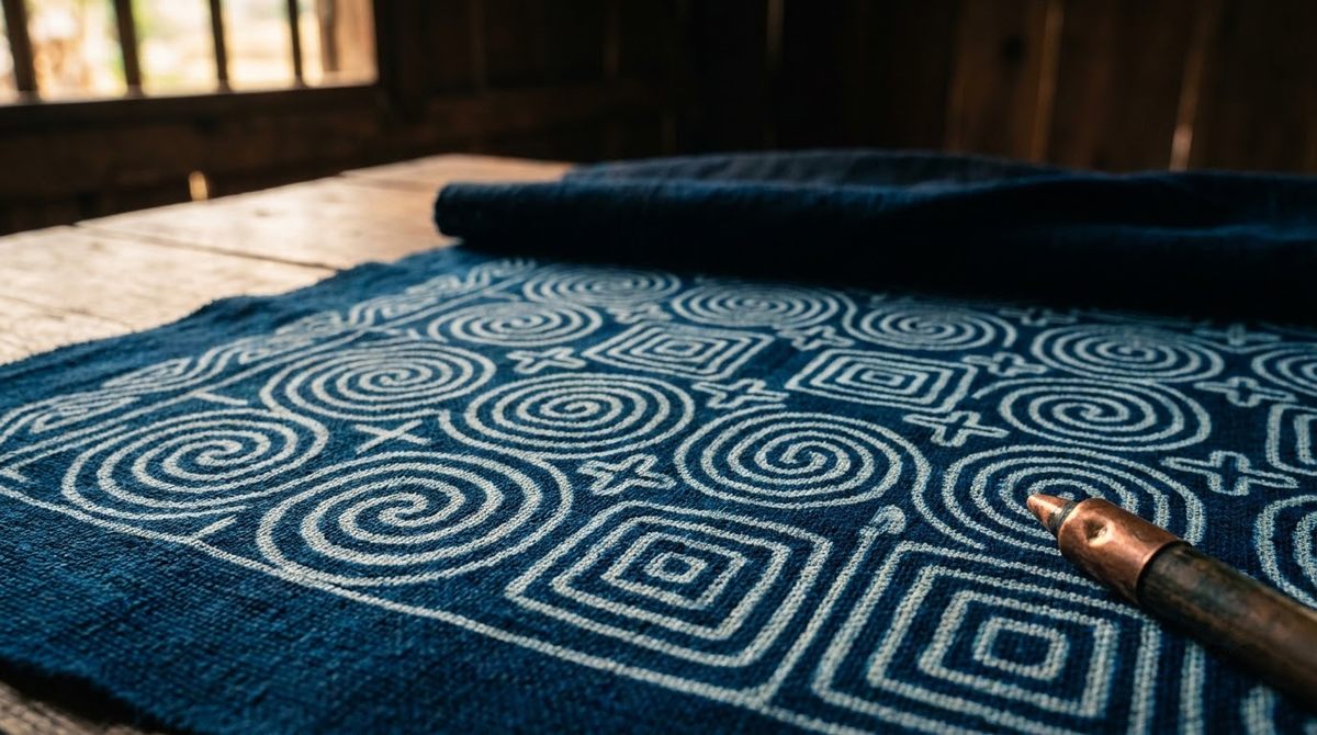 Finished indigo batik with pale wax-resist patterns