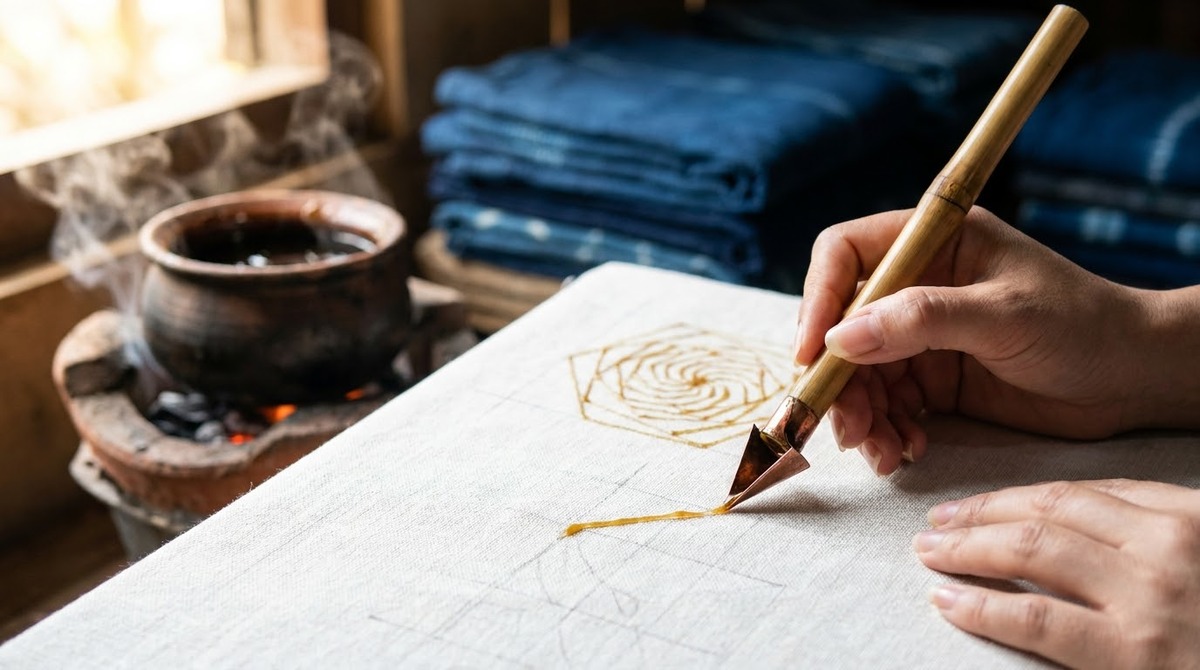 Hands drawing a pattern in hot beeswax on hemp cloth before indigo dyeing