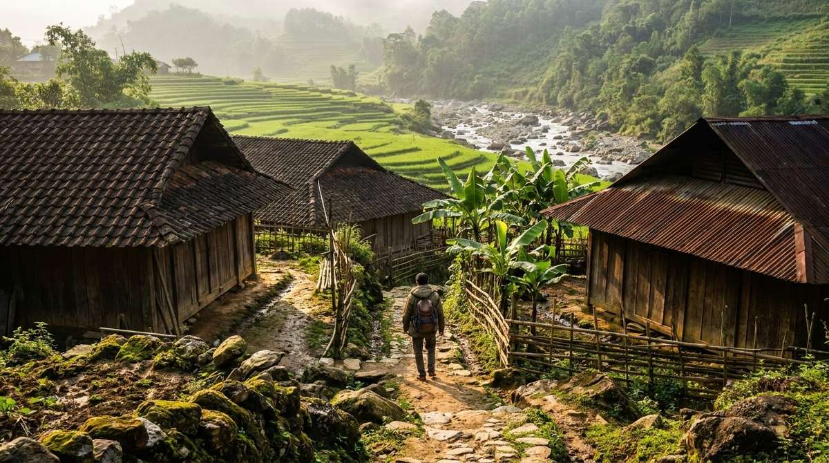 Wooden houses of a Giay hamlet in Ta Van among green rice terraces