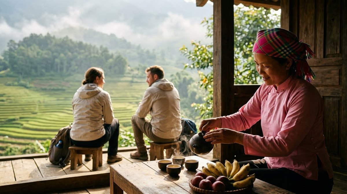 Green tea and seasonal fruit on the porch of a Giay house