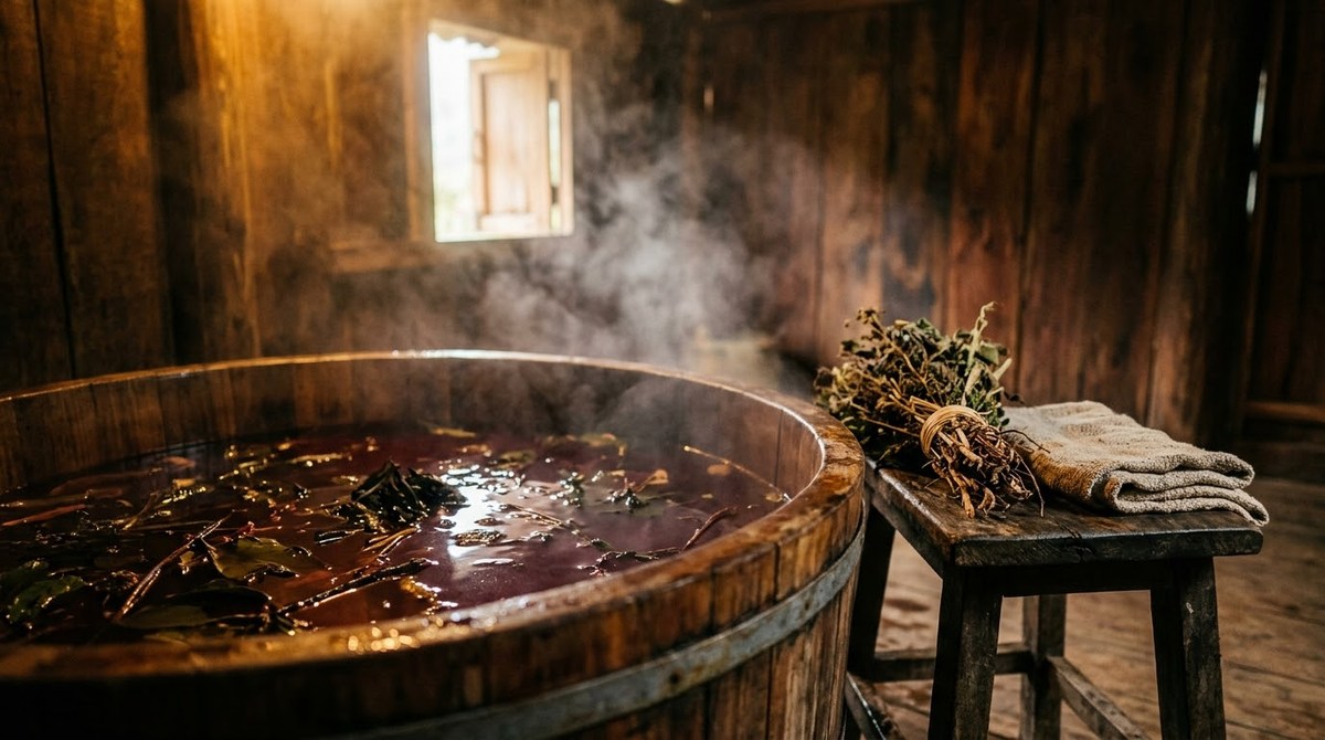 A wooden tub of dark Red Dao herbal bath water with leaves