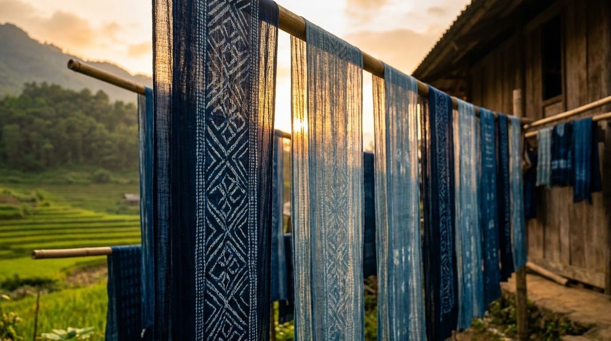Lengths of indigo cloth drying on bamboo poles