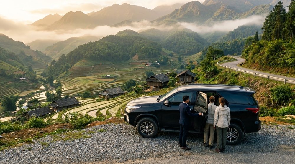 Private car on the mountain road from Hanoi to Sapa at first light