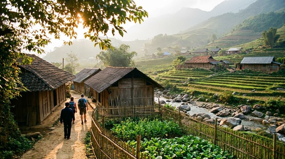 A Giay wooden house and rice terraces in Ta Van village, Sapa