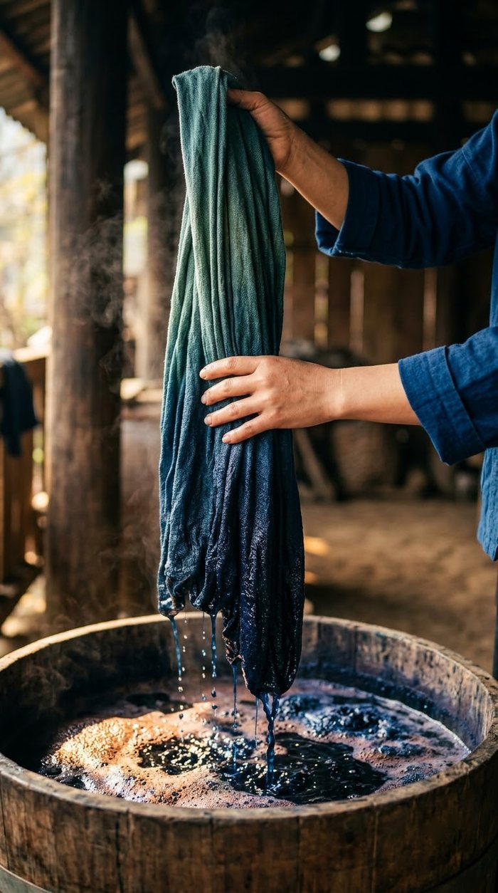 Hands lifting indigo-dyed cloth from a dye vat
