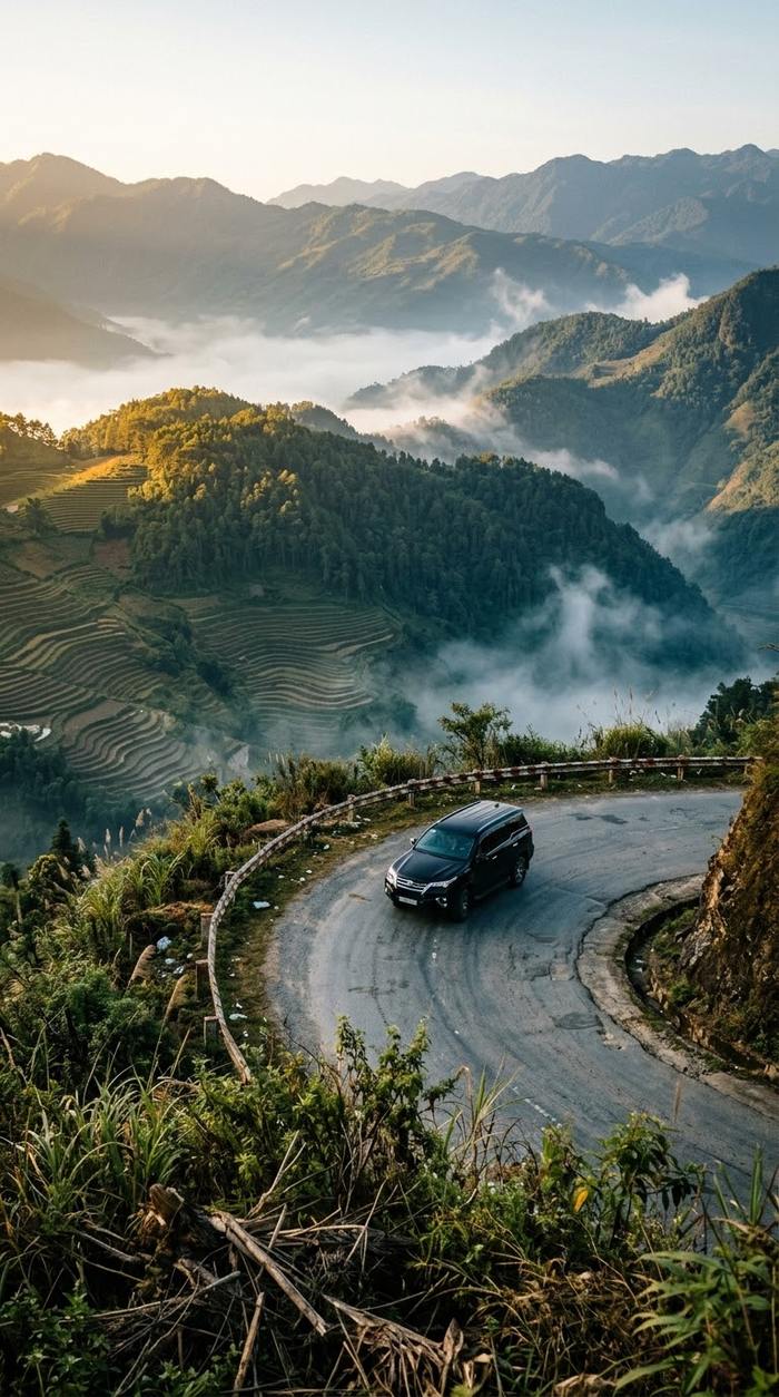 A private car on the mountain road into Sapa at first light