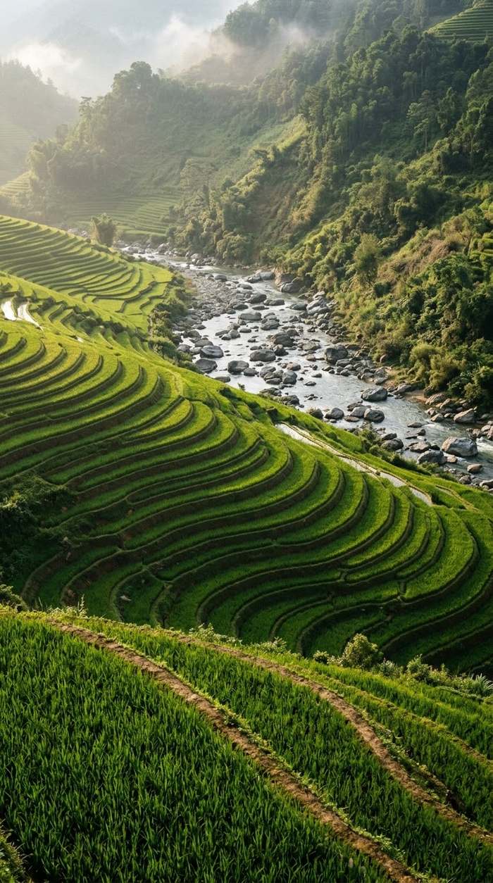 Rice terraces stepping down to the Muong Hoa stream at Ta Van